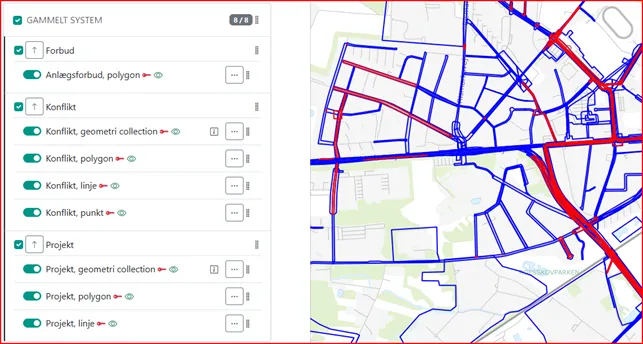 Lagene i gruppen ”Gammelt system" som viser de konverterede data som kunden har fået flyttet med.