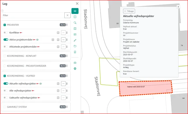 Eksempel på benyttelse af info-funktionerne på laget ”Aktuelle vejfredsprojekter”