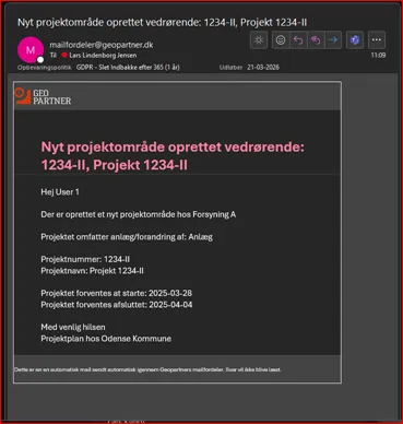 Eksempel på mail til bruger ved oprettelse af projektområde