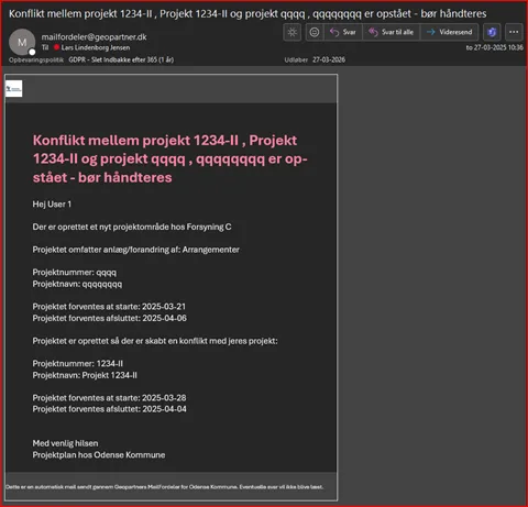 Eksempel på mail til bruger når der opstår en konflikt mellem 2 projektområder