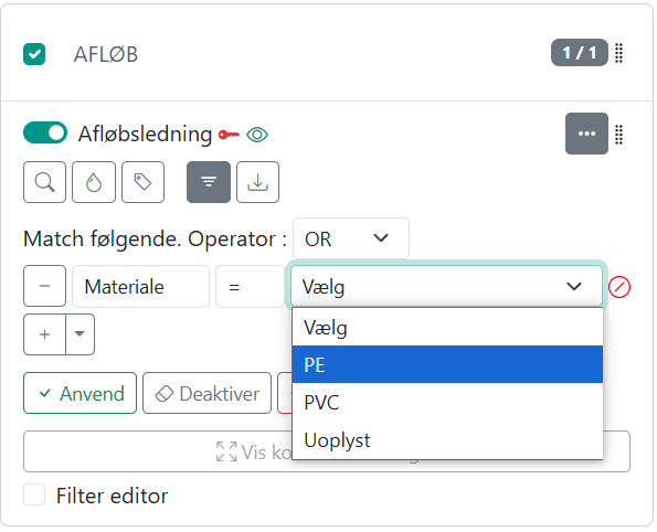 Eksempel på filtrering via listevalg