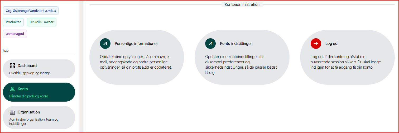 Dashboard for brugeren herunder hvordan denne administrerer sin konto