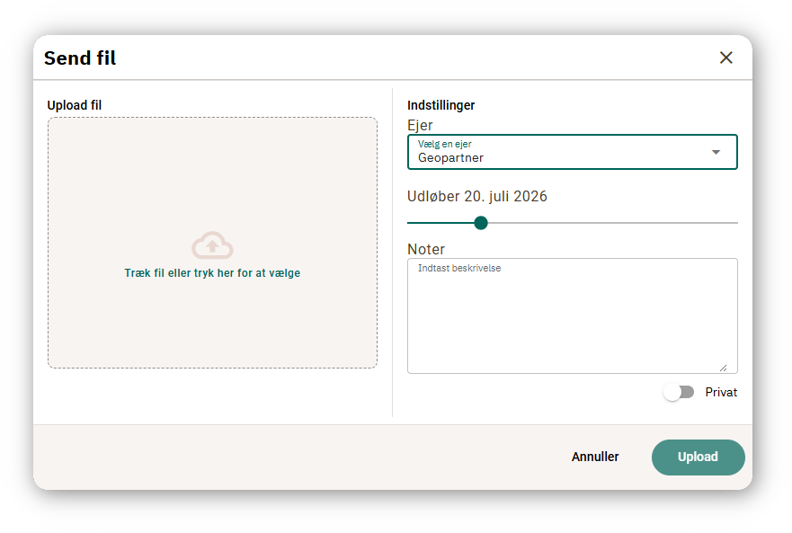 Dialogen Send fil med valg af filer og indstillinger